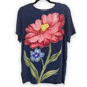 Vintage Diane Von Furstenberg Navy Watercolor Silk Flower Top Blouse Signed XS